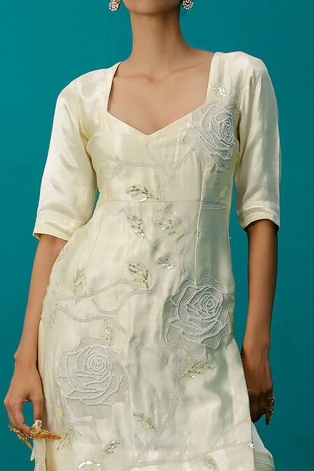 Latha Puttanna Yellow Mashru Silk Embroidered Floral V Neck Kurta And Sharara Set at Aza Fashions Latha Puttanna_Yellow Mashru Silk Embroidered Floral V Neck Kurta And Sharara Set _at_Aza_Fashions