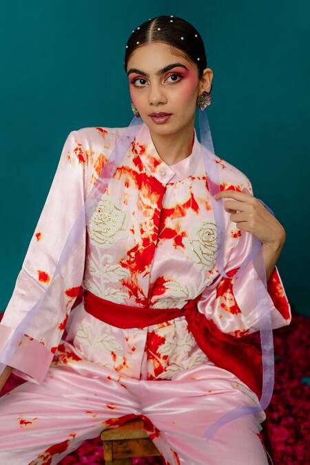 LATHA PUTTANNA_Pink Silk Embroidery Mandarin Collar Soft Batik Jumpsuit _Online_at_Aza_Fashions