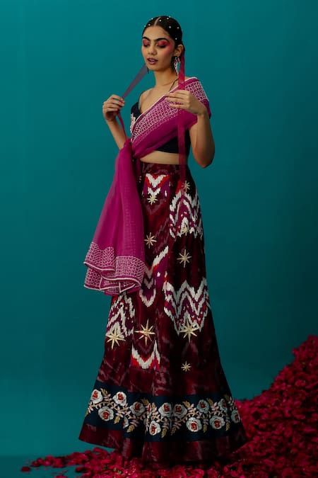 Latha Puttanna_Maroon Ikkat Raw Silk Embroidered Rose V Neck Lehenga Set_Online_at_Aza_Fashions