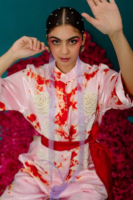Buy_LATHA PUTTANNA_Pink Silk Embroidery Mandarin Collar Soft Batik Jumpsuit _Online_at_Aza_Fashions