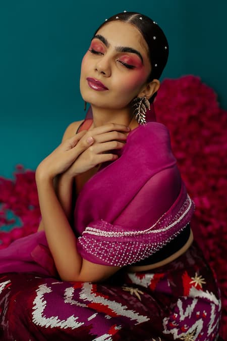 Buy_Latha Puttanna_Maroon Ikkat Raw Silk Embroidered Rose V Neck Lehenga Set_Online_at_Aza_Fashions