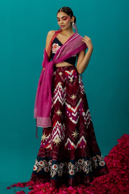 Shop_Latha Puttanna_Maroon Ikkat Raw Silk Embroidered Rose V Neck Lehenga Set_Online_at_Aza_Fashions