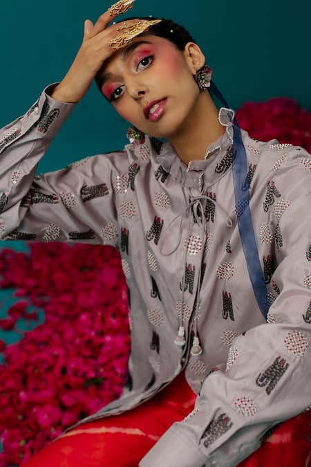 Latha Puttanna_Purple Karnataka Silk Embroidered Tiger Ruffle Pearl Work Shirt  _Online_at_Aza_Fashions
