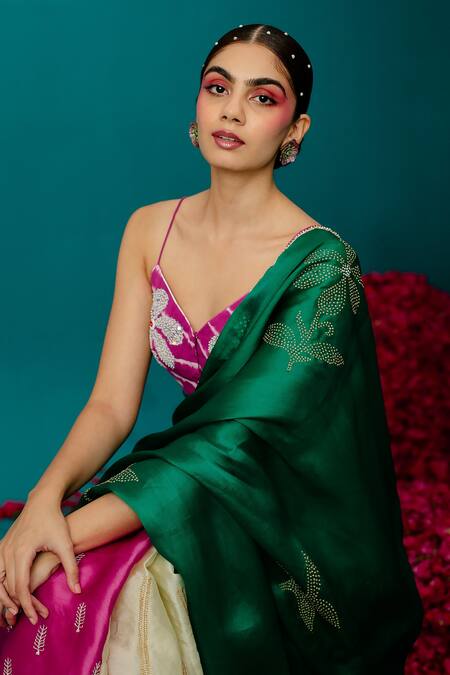 Latha Puttanna_Pink Satin, Organza Pearls Colorblock Embroidered Saree_Online_at_Aza_Fashions