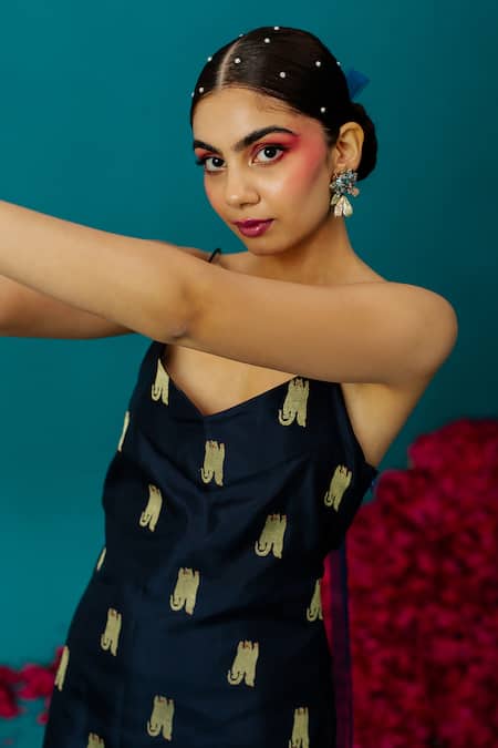 LATHA PUTTANNA_Blue Kota Doria Zari V-neck Tiger Woven Slip Dress _Online_at_Aza_Fashions