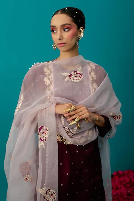 Buy_Latha Puttanna_Purple Embroidered Rose Silk Organza Pearl And Work Dupatta_Online_at_Aza_Fashions