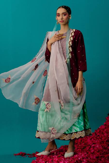 Shop_Latha Puttanna_Purple Embroidered Rose Silk Organza Pearl And Work Dupatta_Online_at_Aza_Fashions