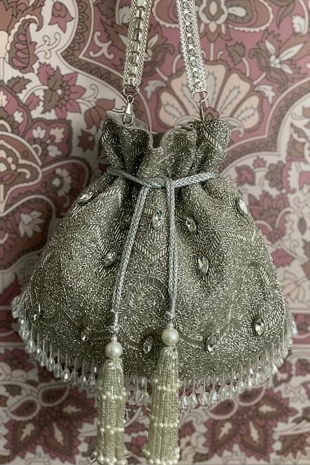 Bhavna Kumar Silver Cutdana Work Potli Bag Online at Aza Fashions Bhavna Kumar_Silver Cutdana Work Potli Bag _Online_at_Aza_Fashions