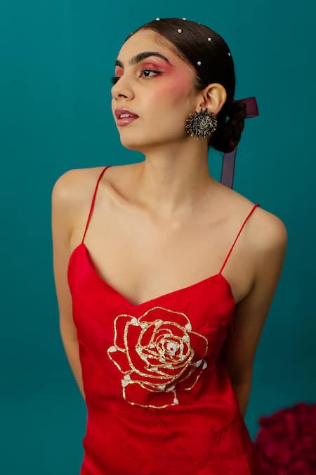 Latha Puttanna_Red Satin, Organza Pearls V-neck Rose And Embroidered Slip Dress _Online_at_Aza_Fashions