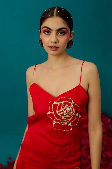 Buy_Latha Puttanna_Red Satin, Organza Pearls V-neck Rose And Embroidered Slip Dress _Online_at_Aza_Fashions