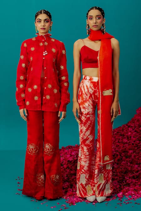 Latha Puttanna_Orange Silk Embroidered Tiger Batik Pattern Pant _Online_at_Aza_Fashions