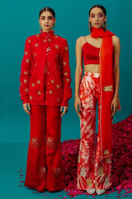 Latha Puttanna_Red Satin, Organza Embroidery Rose Ruffle Neck Shirt_Online_at_Aza_Fashions