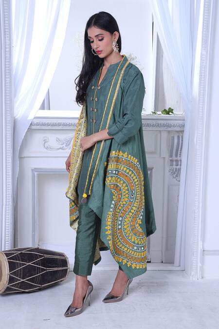 Sunita Nagi Grey Dupion Embroidered Thread Jacket Open Applique And Mirror Pant Set Online at Aza Fashions Sunita Nagi_Grey Dupion Embroidered Thread Jacket Open Applique And Mirror Pant Set _Online_at_Aza_Fashions