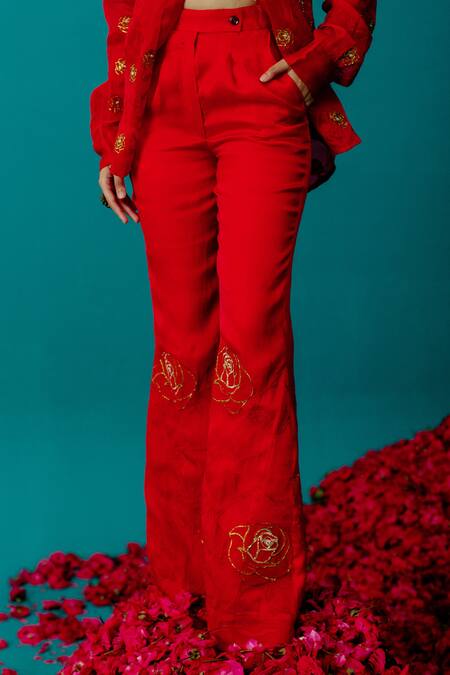 Buy_Latha Puttanna_Red Satin Organza Embroidered Rose Flared Pant_Online_at_Aza_Fashions