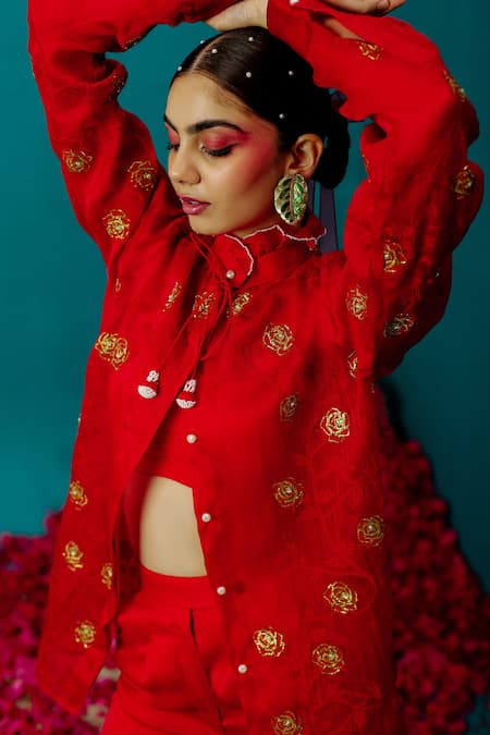 Buy_Latha Puttanna_Red Satin, Organza Embroidery Rose Ruffle Neck Shirt_Online_at_Aza_Fashions