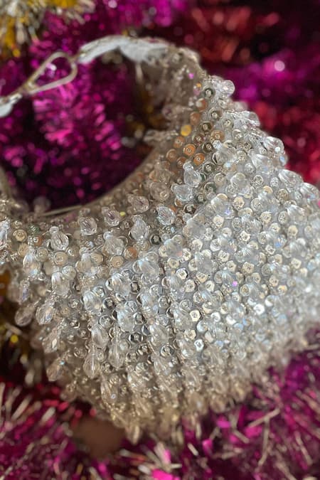 Bhavna Kumar Silver Crystals Tasselled Crescent Bag Online at Aza Fashions Bhavna Kumar_Silver Crystals Tasselled Crescent Bag _Online_at_Aza_Fashions