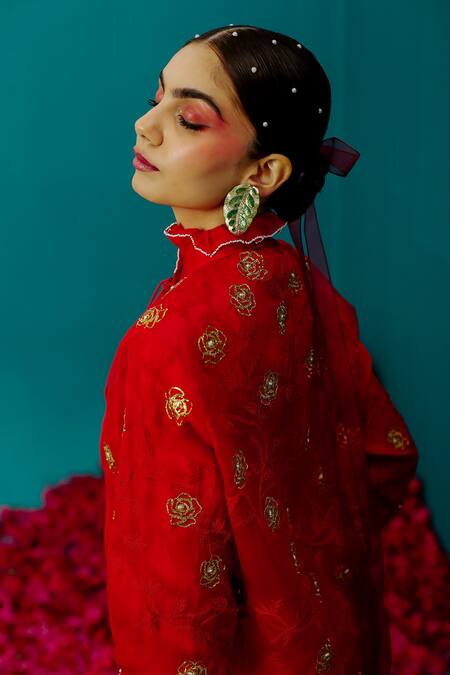 Shop_Latha Puttanna_Red Satin, Organza Embroidery Rose Ruffle Neck Shirt_Online_at_Aza_Fashions