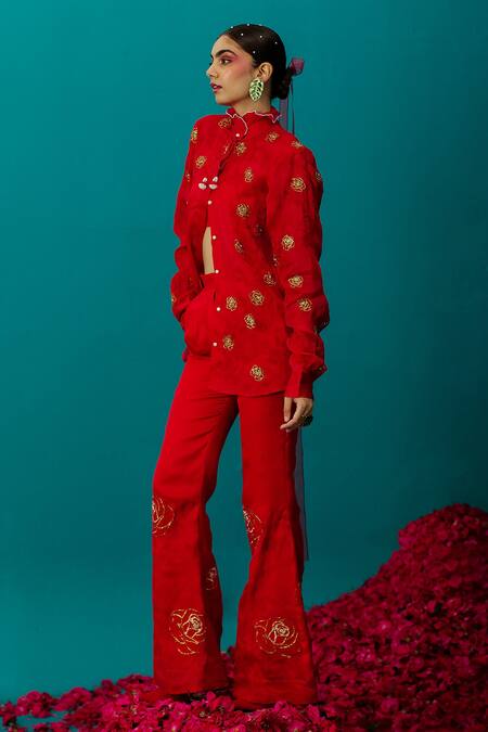 Shop_Latha Puttanna_Red Satin Organza Embroidered Rose Flared Pant_Online_at_Aza_Fashions