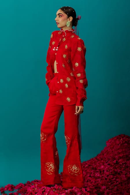 Latha Puttanna_Red Satin, Organza Embroidery Rose Ruffle Neck Shirt_at_Aza_Fashions