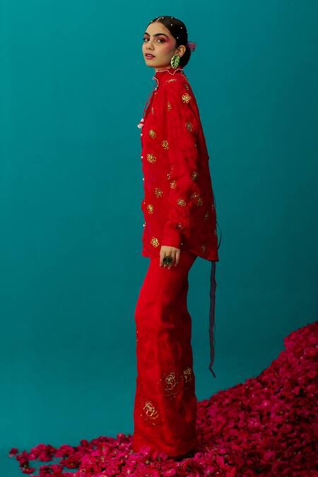 Latha Puttanna_Red Satin Organza Embroidered Rose Flared Pant_at_Aza_Fashions