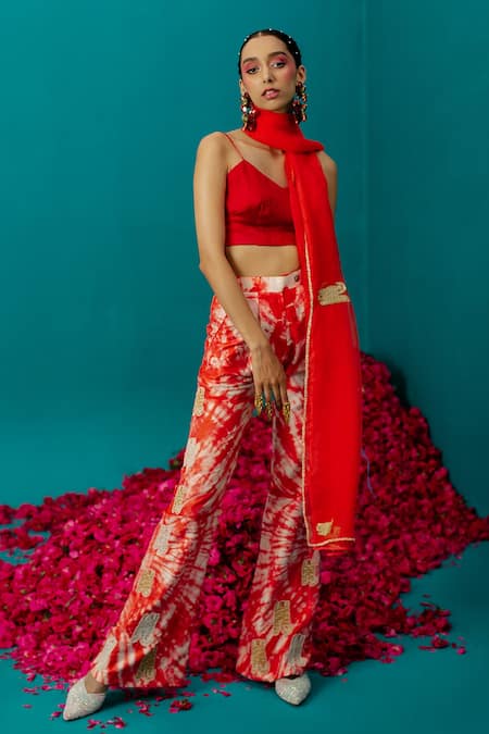 Buy_Latha Puttanna_Orange Silk Embroidered Tiger Batik Pattern Pant _Online_at_Aza_Fashions
