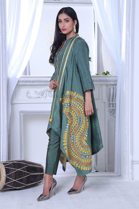 Shop Sunita Nagi Grey Dupion Embroidered Thread Jacket Open Applique And Mirror Pant Set Online at Aza Fashions Shop_Sunita Nagi_Grey Dupion Embroidered Thread Jacket Open Applique And Mirror Pant Set _Online_at_Aza_Fashions