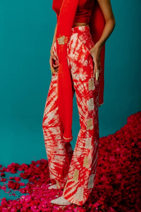 Latha Puttanna_Orange Silk Embroidered Tiger Batik Pattern Pant _at_Aza_Fashions