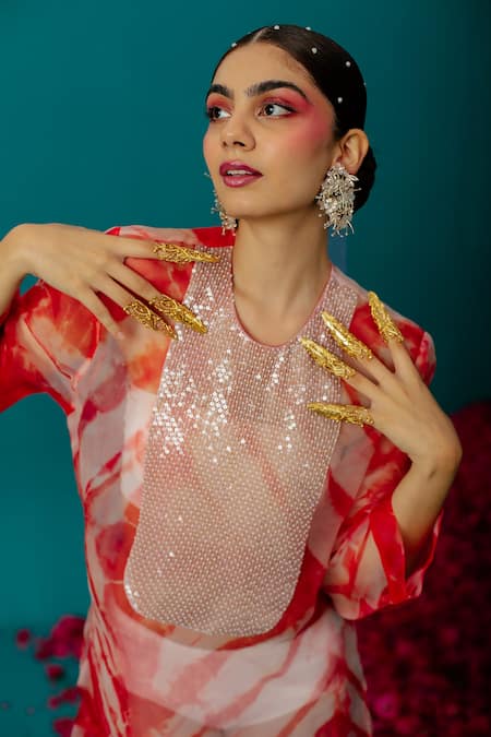 Latha Puttanna_Orange Silk Organza Embroidered Sequin Round Batik And Work Tunic_Online_at_Aza_Fashions