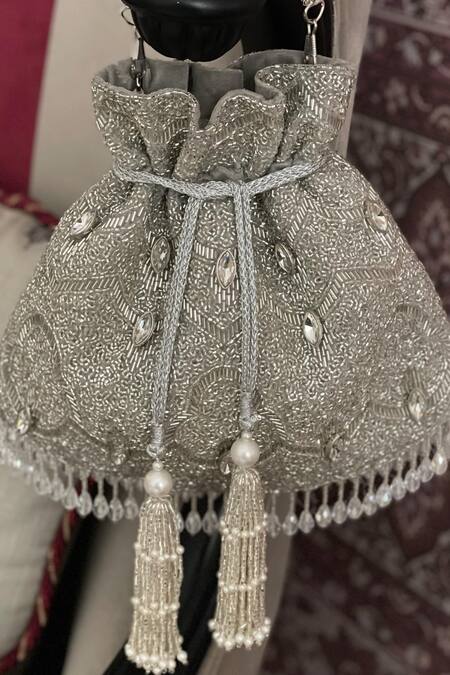 Buy Bhavna Kumar Silver Cutdana Work Potli Bag Online at Aza Fashions Buy_Bhavna Kumar_Silver Cutdana Work Potli Bag _Online_at_Aza_Fashions