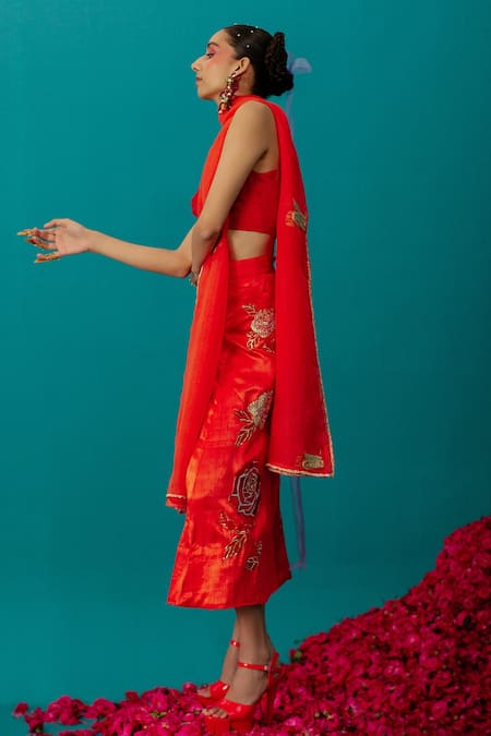 Buy_Latha Puttanna_Orange Mashru Silk Embroidered Floral Rose Skirt _Online_at_Aza_Fashions