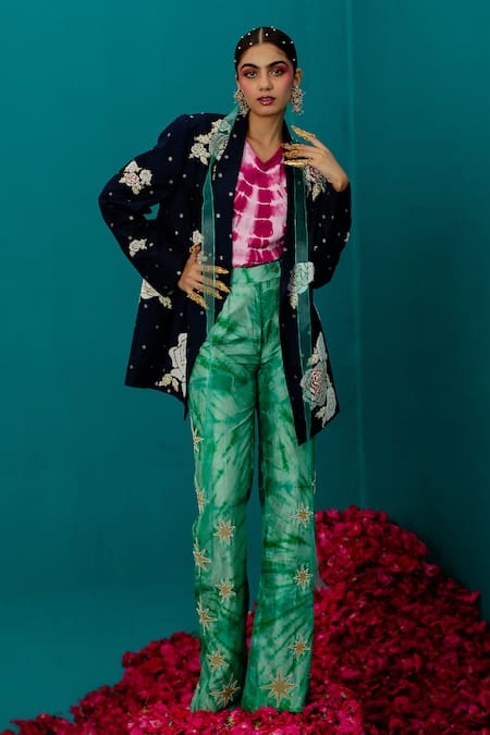 Latha Puttanna_Green Soft Silk Batik Embroidered Star Pant _Online_at_Aza_Fashions