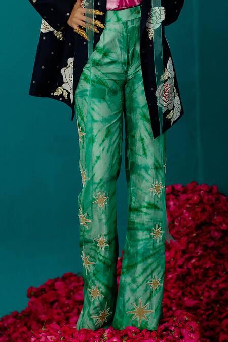 Buy_Latha Puttanna_Green Soft Silk Batik Embroidered Star Pant _Online_at_Aza_Fashions