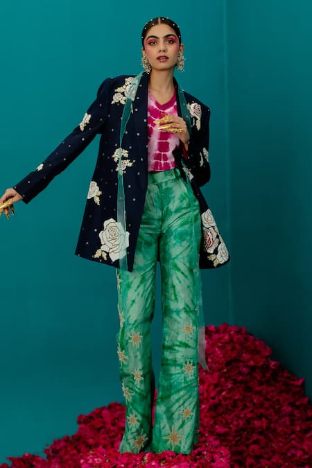 Shop_Latha Puttanna_Green Soft Silk Batik Embroidered Star Pant _Online_at_Aza_Fashions