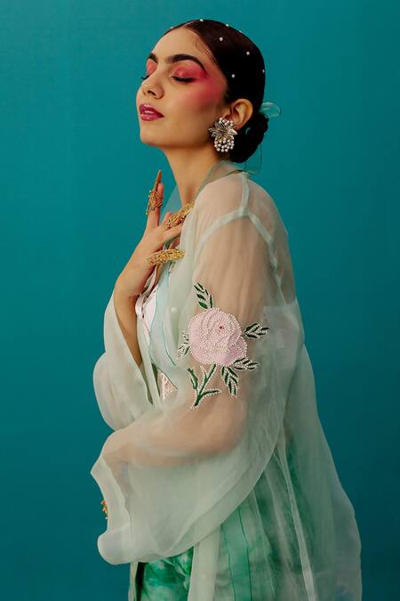 Latha Puttanna_Green Silk Organza Embroidery V-neck Rose Pearl Work Shirt_Online_at_Aza_Fashions