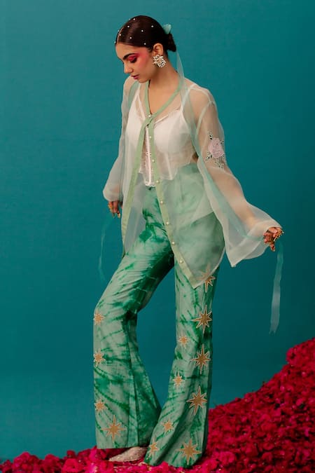 Buy_Latha Puttanna_Green Silk Organza Embroidery V-neck Rose Pearl Work Shirt_Online_at_Aza_Fashions