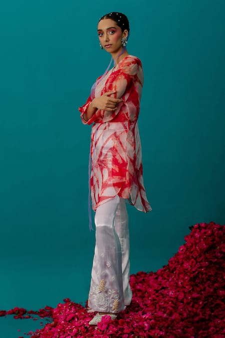 Shop_Latha Puttanna_Orange Silk Organza Embroidered Sequin Round Batik And Work Tunic_Online_at_Aza_Fashions