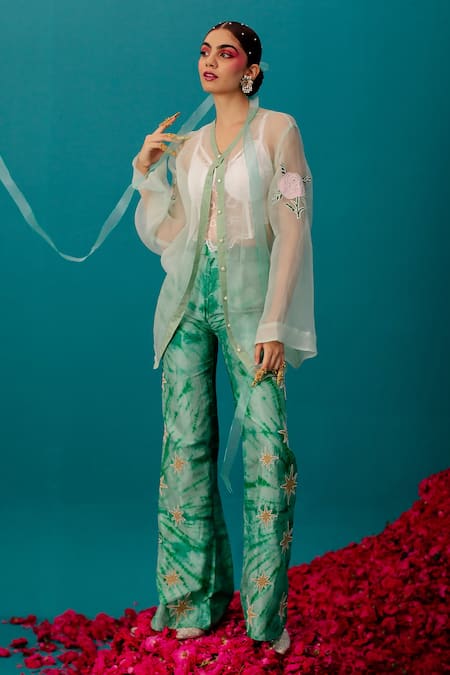 Latha Puttanna_Green Soft Silk Batik Embroidered Star Pant _at_Aza_Fashions