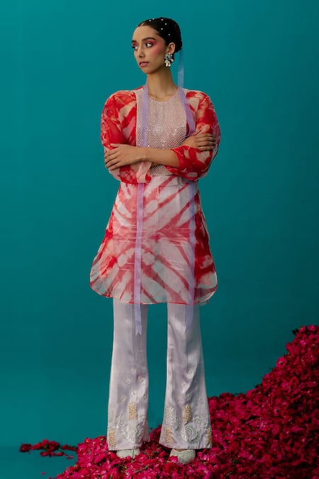 Latha Puttanna_Orange Silk Organza Embroidered Sequin Round Batik And Work Tunic_at_Aza_Fashions