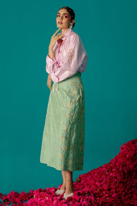 Shop_LATHA PUTTANNA_Pink Silk Embroidery Round Neck Ruffle Shirt _Online_at_Aza_Fashions