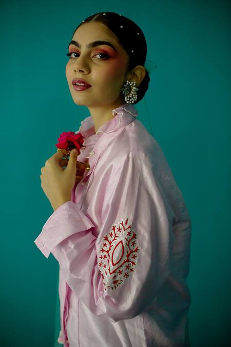 LATHA PUTTANNA_Pink Silk Embroidery Round Neck Ruffle Shirt _at_Aza_Fashions