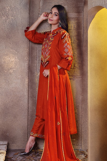 Buy Sunita Nagi Orange Dupion Embroidered Cross Stitch Thread Work Notched Anarkali Palazzo Set Online at Aza Fashions Buy_Sunita Nagi_Orange Dupion Embroidered Cross Stitch Thread Work Notched Anarkali Palazzo Set _Online_at_Aza_Fashions
