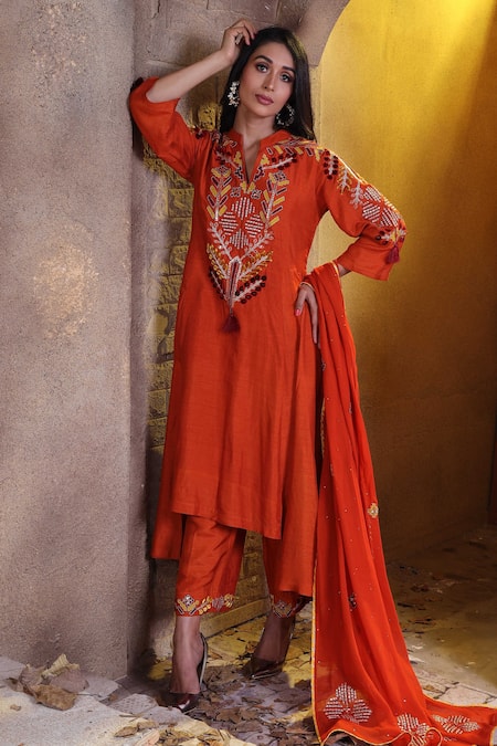 Shop Sunita Nagi Orange Dupion Embroidered Cross Stitch Thread Work Notched Anarkali Palazzo Set Online at Aza Fashions Shop_Sunita Nagi_Orange Dupion Embroidered Cross Stitch Thread Work Notched Anarkali Palazzo Set _Online_at_Aza_Fashions