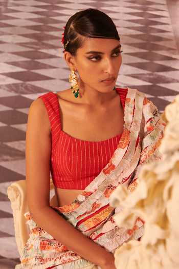 Shop_Gauri Dhawan_Ivory Handcrafted Cotton Textile And Chiffon Stripe Cecilia Saree With Blouse_Online_at_Aza_Fashions