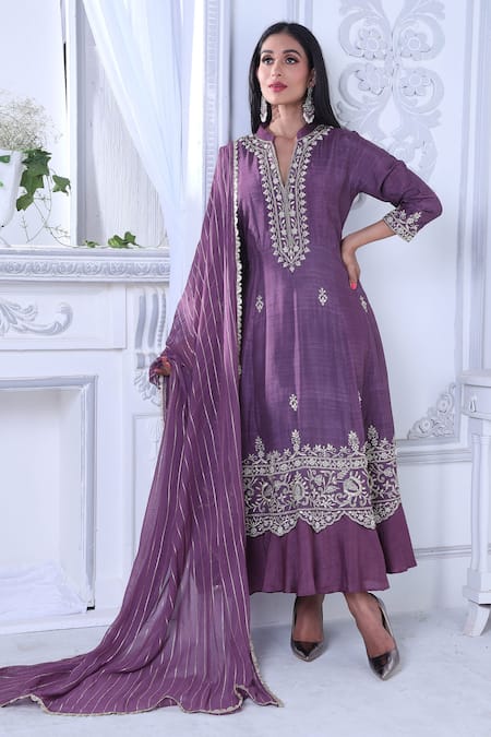 Sunita Nagi Purple Anarkali Dupion Silk Embroidered Pearl And Resham Work Band Collar Set Online at Aza Fashions Sunita Nagi_Purple Anarkali Dupion Silk Embroidered Pearl And Resham Work Band Collar Set _Online_at_Aza_Fashions