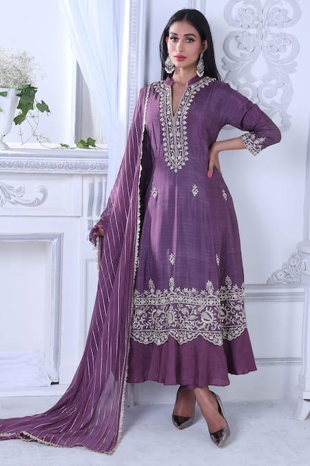 Buy Sunita Nagi Purple Anarkali Dupion Silk Embroidered Pearl And Resham Work Band Collar Set Online at Aza Fashions Buy_Sunita Nagi_Purple Anarkali Dupion Silk Embroidered Pearl And Resham Work Band Collar Set _Online_at_Aza_Fashions