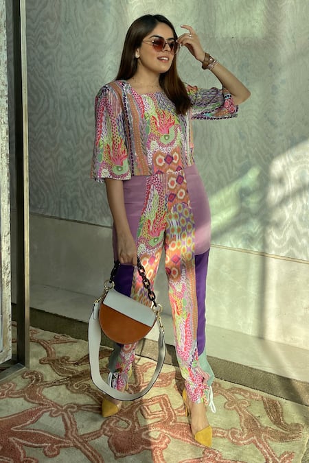 Payal Singhal Multi Color Crepe Printed African Round Crop Top And Pant Set 