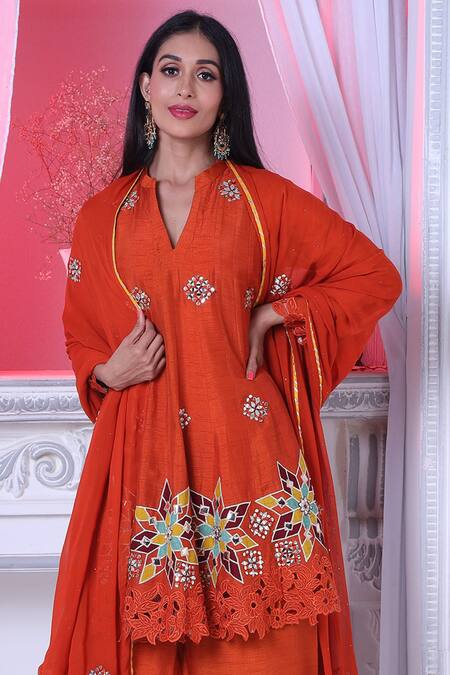 Sunita Nagi Orange Dupion Embroidered Leather Notched Round Applique Anarkali Palazzo Set Online at Aza Fashions Sunita Nagi_Orange Dupion Embroidered Leather Notched Round Applique Anarkali Palazzo Set _Online_at_Aza_Fashions