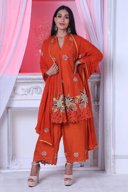 Buy Sunita Nagi Orange Dupion Embroidered Leather Notched Round Applique Anarkali Palazzo Set Online at Aza Fashions Buy_Sunita Nagi_Orange Dupion Embroidered Leather Notched Round Applique Anarkali Palazzo Set _Online_at_Aza_Fashions