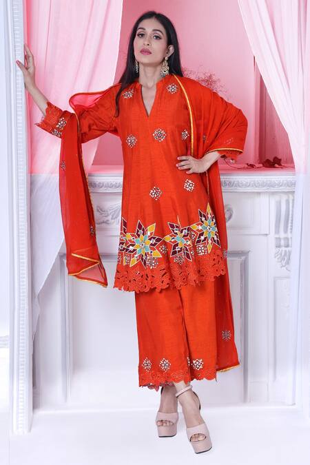 Shop Sunita Nagi Orange Dupion Embroidered Leather Notched Round Applique Anarkali Palazzo Set Online at Aza Fashions Shop_Sunita Nagi_Orange Dupion Embroidered Leather Notched Round Applique Anarkali Palazzo Set _Online_at_Aza_Fashions
