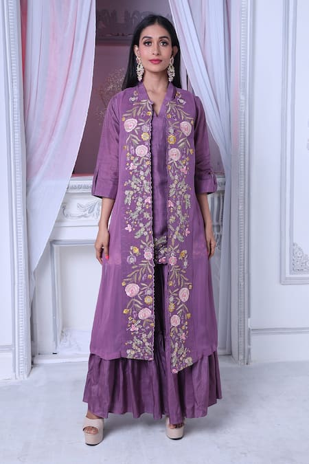 Sunita Nagi Purple Sabarmati Georgette Embroidered Thread Jacket Open Sharara Set Online at Aza Fashions Sunita Nagi_Purple Sabarmati Georgette Embroidered Thread Jacket Open Sharara Set _Online_at_Aza_Fashions